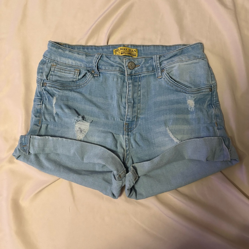 Wax Jean “BUTT, I LOVE YOU!” Light-Wash Distressed Denim Shorts